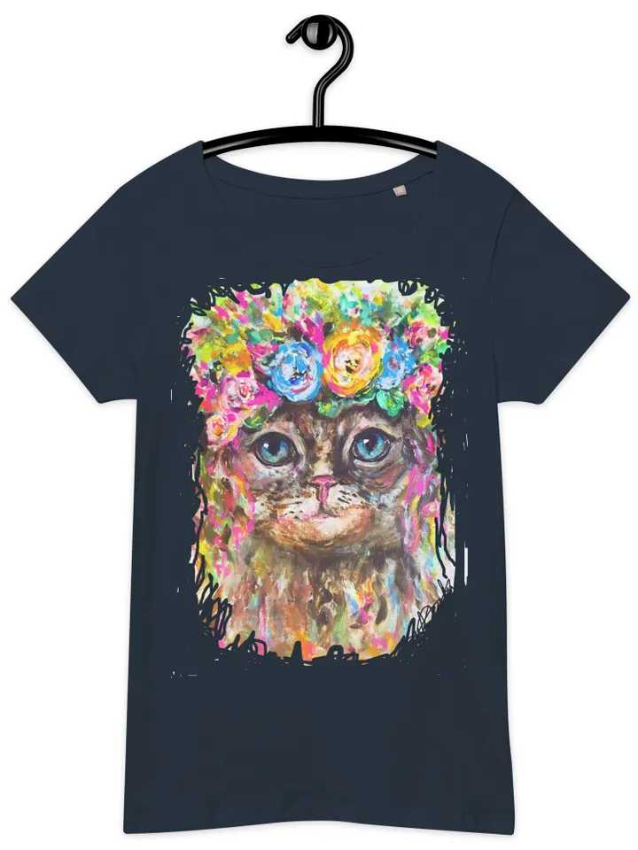 Flower cat Women’s basic organic t-shirt made with my original watercolour mix media artwork,one of a kind.