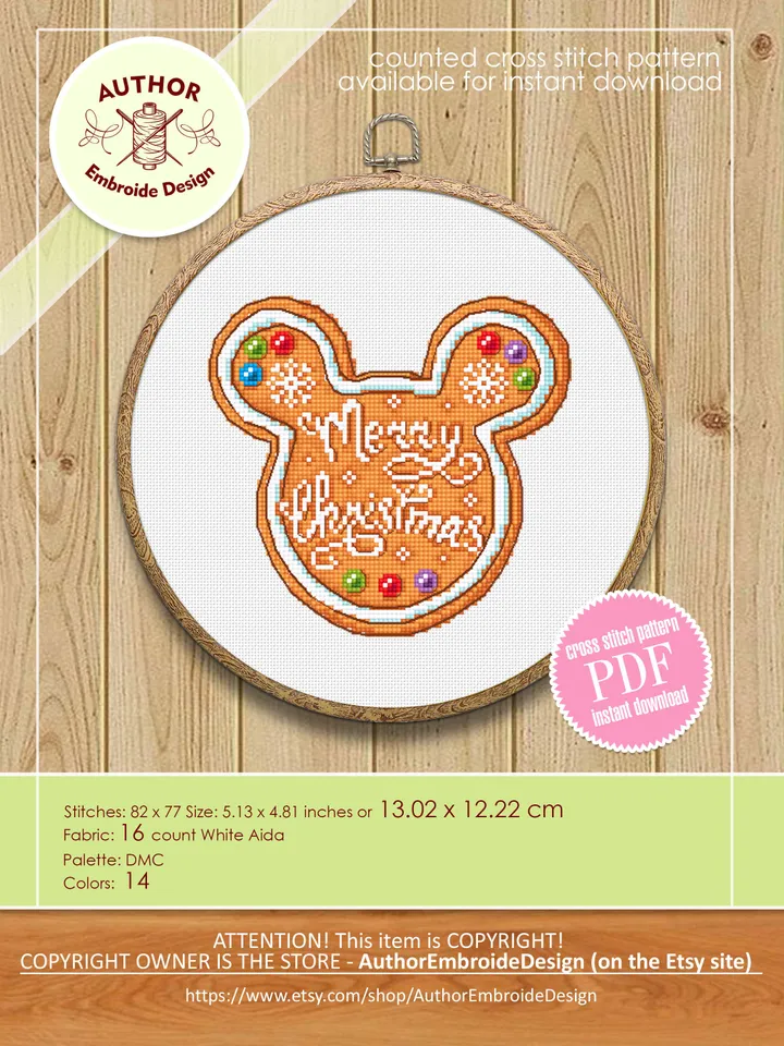 Christmas gingerbread cross stitch pattern download PDF, Mouse silhouette cross stitch chart, Small cross stitch Gingerbread ornament #N87