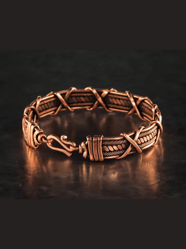 Wire wrapped bracelet, Unique 7th 22nd Anniversary gift idea, Art Nouveau antique style, One of kind braided statement bangle, Handmade oxidized pure copper jewelry, Pain relief, EMF protection