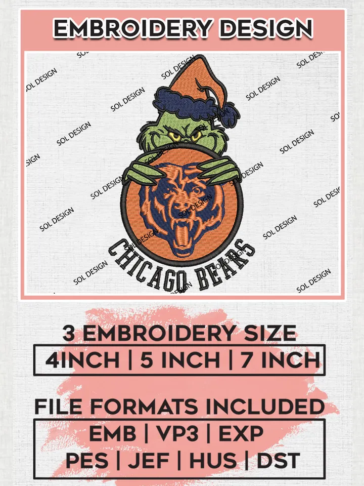 NFL Chicago Bears Team x Grinch Holding Ornament Logo Embroidery Designs, NFL Bears Team Machine Embroidery Files, NFL Football Teams, 3 sizes, Grinch Machine embroidery designs, Digital Download