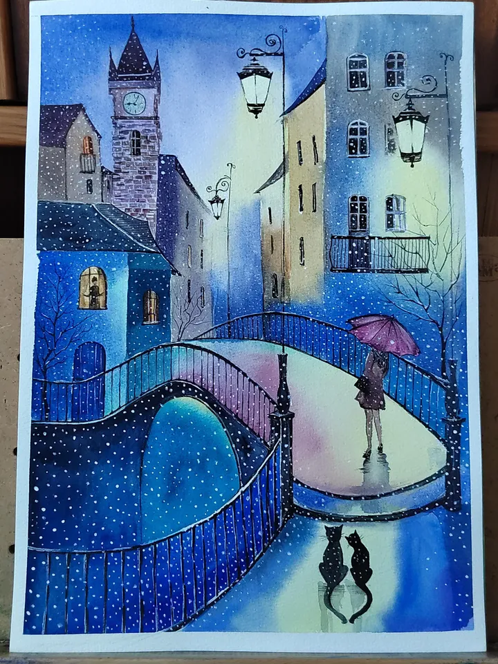 Winter Night Artwork Original Watercolor Painting Snowfall in Old Town 11.81x15.74 in by Art Café