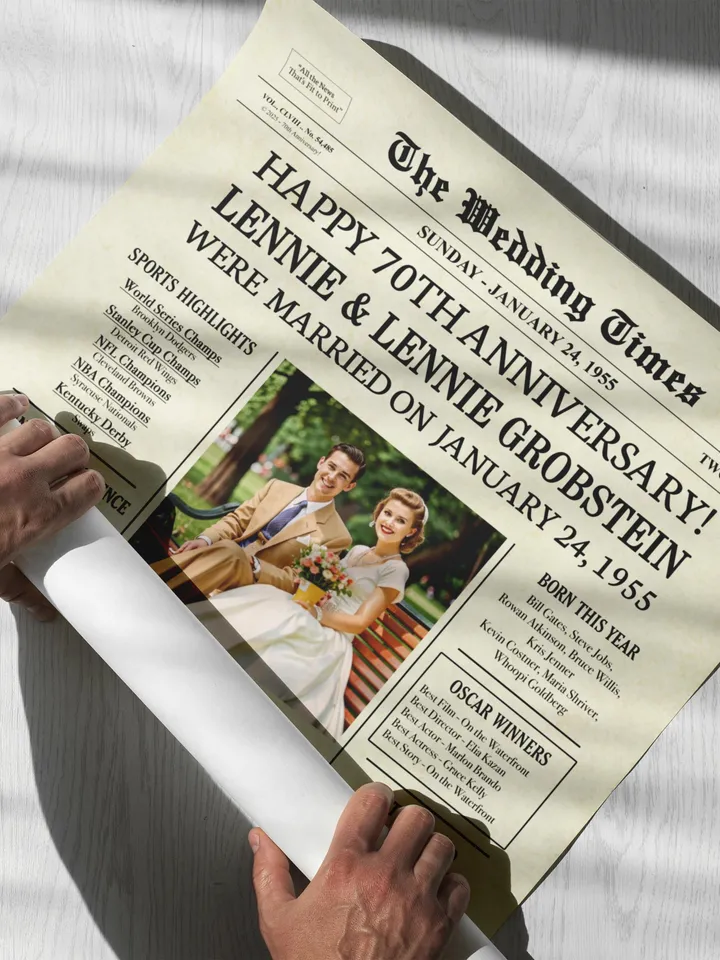 70th Wedding Anniversary Gift for Couple, 1955 Anniversary Newspaper, 70th Anniversary Decorations, Digital Printable Poster