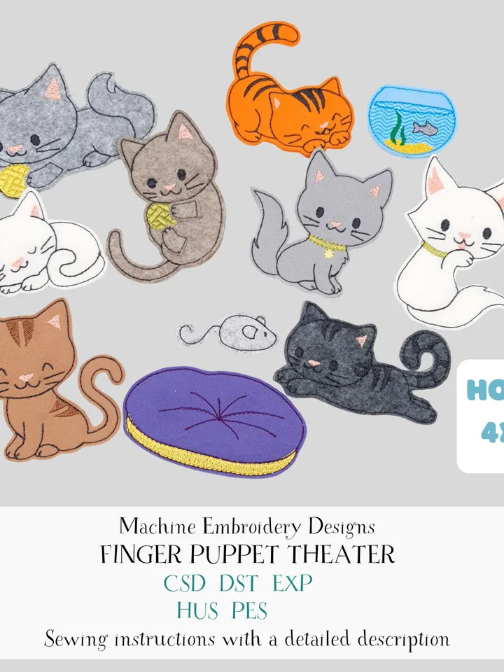 Cat Finger Puppets Embroidery Design Set - ITH Feltie Toys for 4x4 Hoop - Cute Kitten DIY Project File
