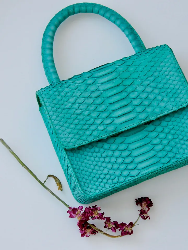 Genuine python skin small cute top handle bag | summer bags | Exotic leather bags | bright turquise hand bag | designer handle womenbag