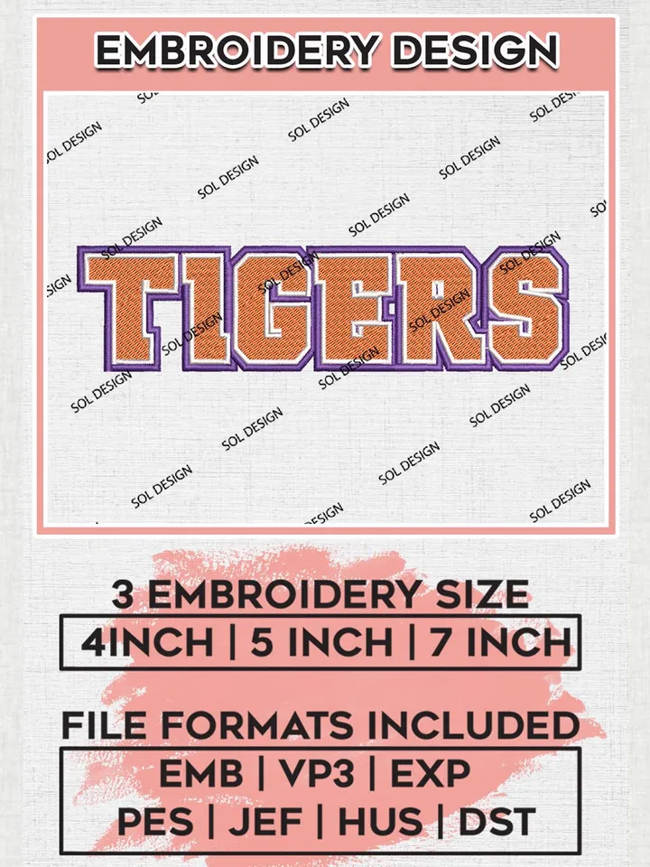 NCAA Tigers Football Team Word Logo Embroidery Design Files, NCAA Clemson Tigers Machine Embroidery, NCAA Teams, 3 sizes, NCAA Machine embroidery designs, Digital Download