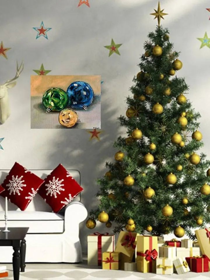 Christmas Decor Picture with Christmas Balls Small Oil Painting 15x20 cm