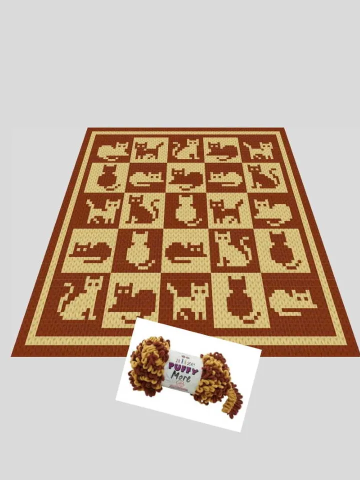 Loop yarn Finger knitted Cats Checkered blanket pattern PDF