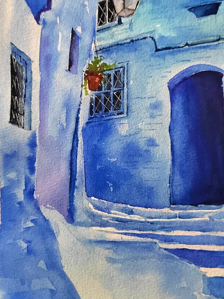 Blue Town Morocco Painting Chefchaouen Artwork Chaouen Original Watercolor Art 11.81x15.74 in by Art Café