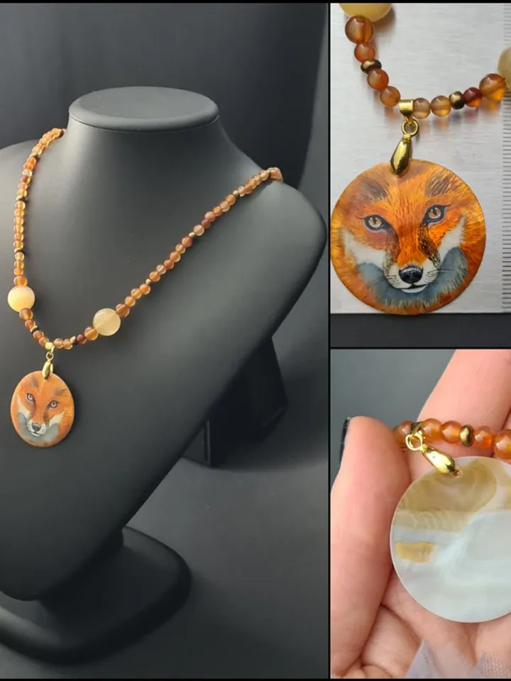 Fox necklace Miniature painting. Mother pearl pendant. Christmas Gift wrapping