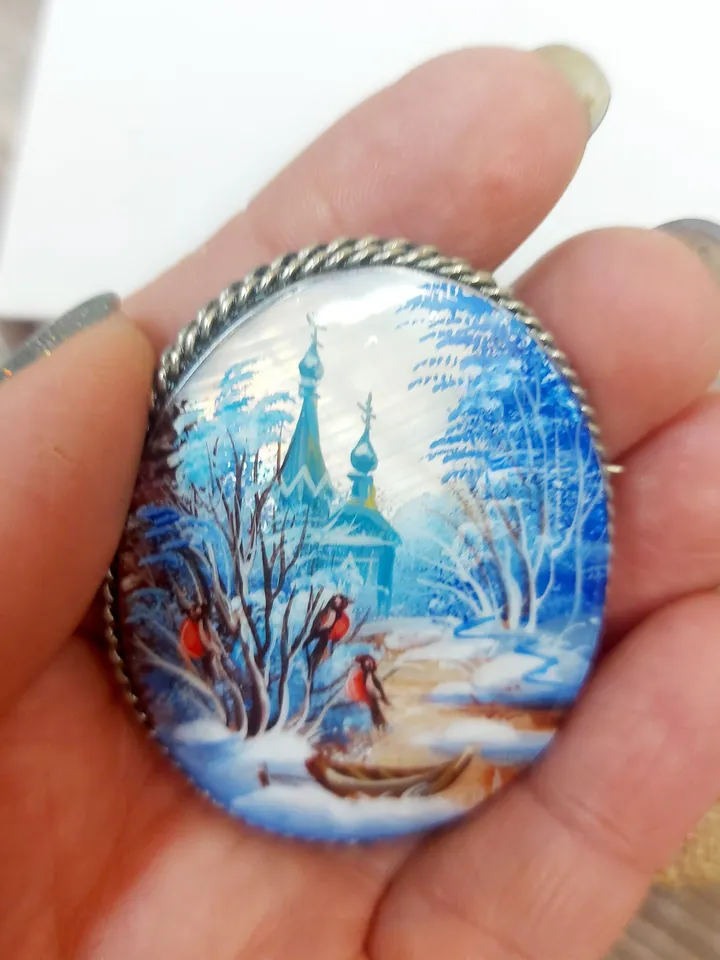 Mother-of-pearl Russian brooch "Russian Winter", Miniature hand-painted, Russian fine art jewelry, Аbalone shell. Russia gift for woman. Pin