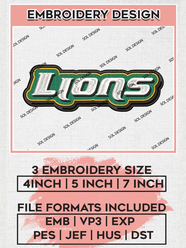 NCAA Lions Team Word Logo Embroidery Design Files, NCAA SE Louisiana Lions Machine Embroidery, NCAA Teams, Game Day, 3 sizes, NCAA Machine embroidery designs, Digital Download