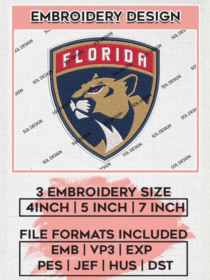 Florida Panthers Machine Embroidery Files, NHL Florida Panthers Embroidery Designs, NHL Florida Logo, NHL Embroidery Design, Hockey Team, Digital Download