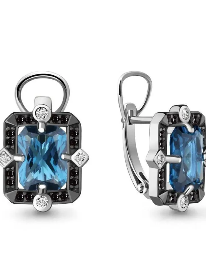Earrings, silver 925, with London topaz, cubic zirconia and crystals