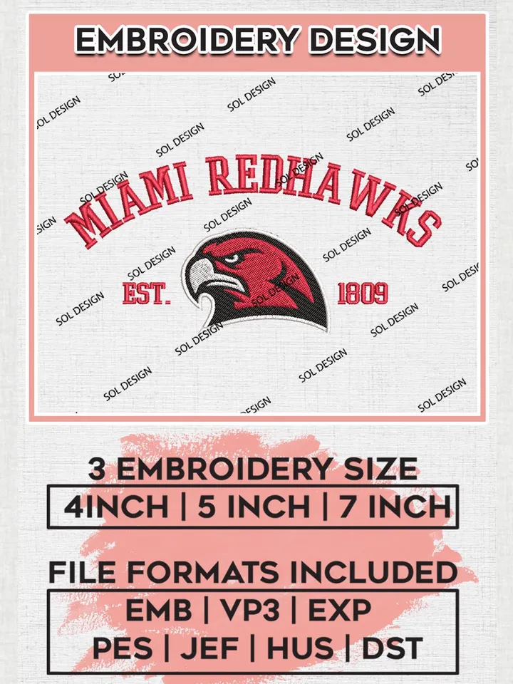 Miami RedHawks Est 1809 Logo Embroidery Designs, NCAA Miami RedHawks Team Embroidery, NCAA Team Logo, 3 sizes, Machine embroidery Files, Digital Download