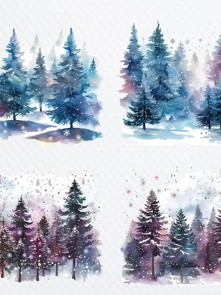 10 Christmas Trees PNG Bundle, Winter Landscape Printable Watercolor clipart fosublimation, High Quality PNG, Digital download, Paper craft