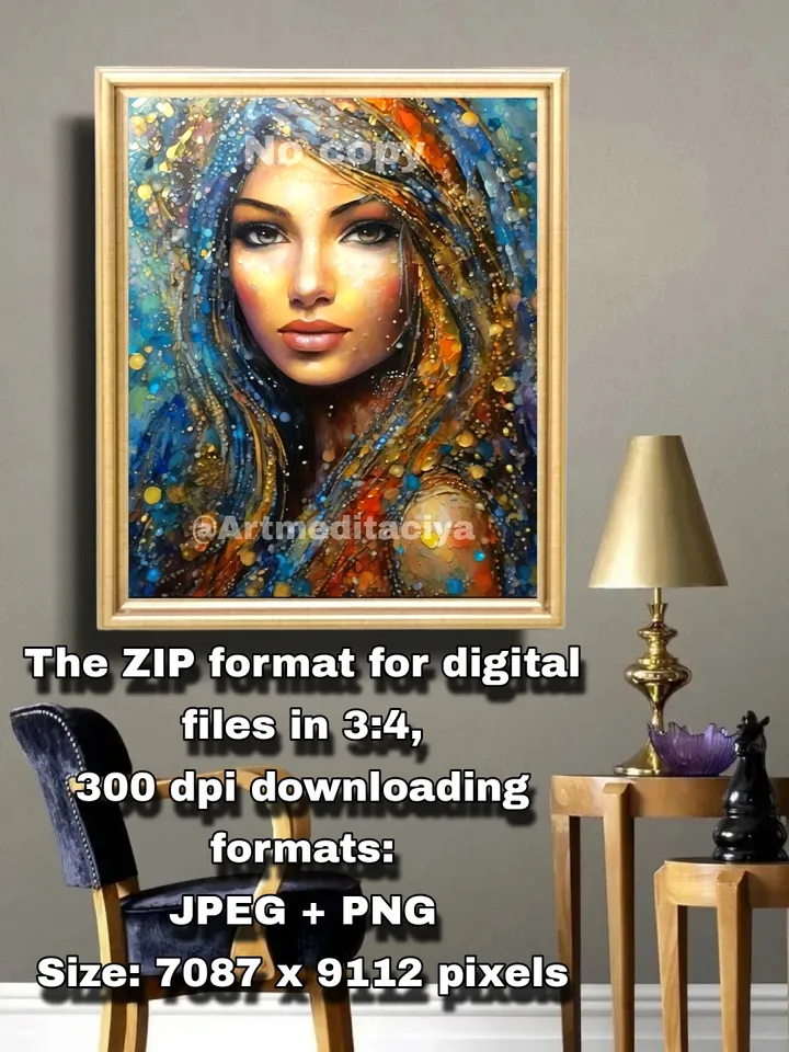 Digital abstract textural modern painting "Beauty from an Oriental fairy tale". An image of the texture of a gray-brown-eyed girl with long hair in an abstract multicolored form in the style of oil painting with a mix of zenart and pointillism