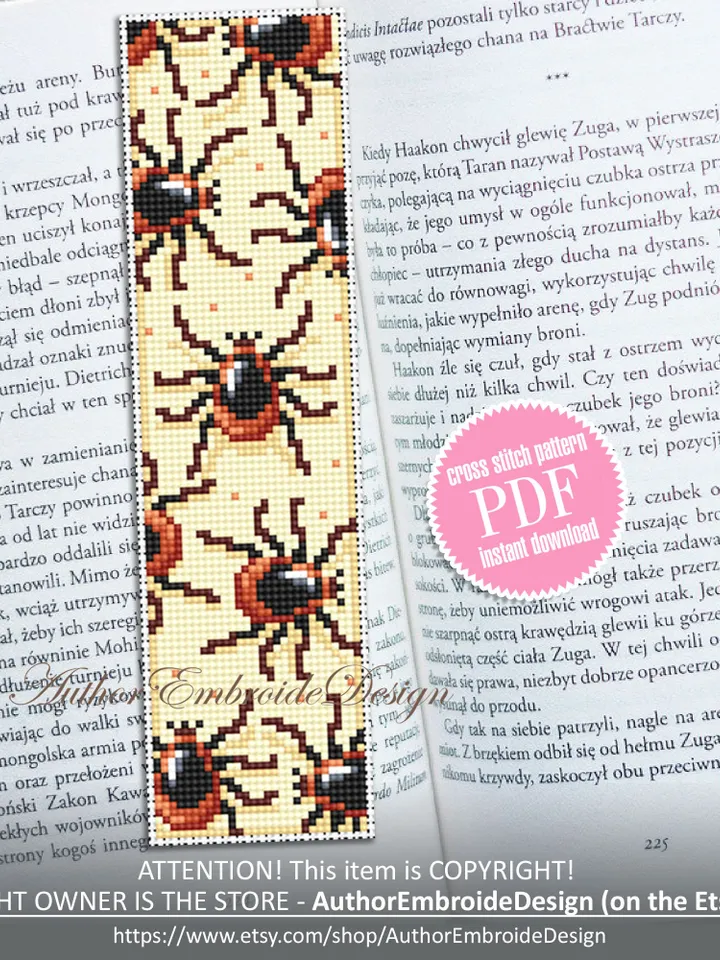 Bookmark cross stitch pattern PDF download Small insect cross stitch chart, Spider bookmark pattern digital PDF, Mite, Book lover gift #B281