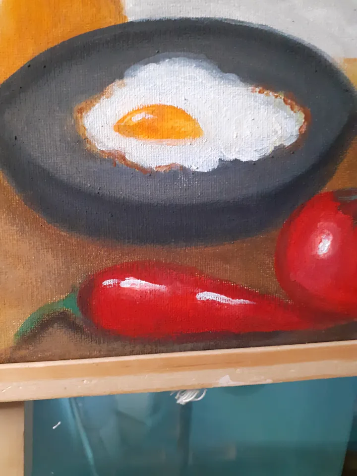 Oil Painting Morning Still Life with Scrambled Eggs Food Kitchen Art Stretched Canvas 20x25 cm 8x10 inches Wall Decor Occasion Gift