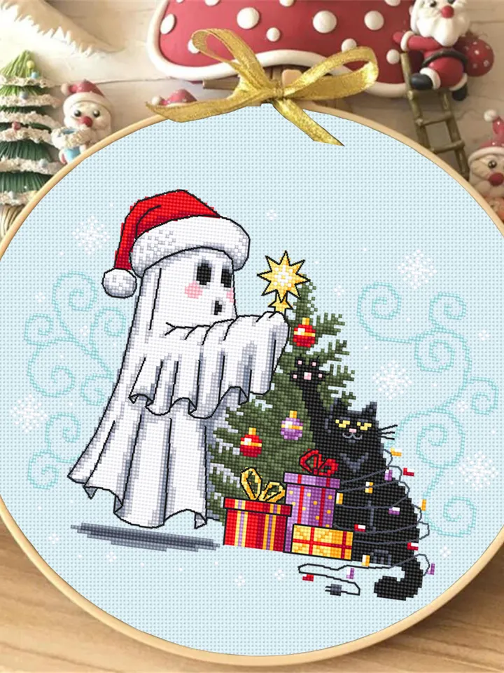 Christmas ghost with black cat cross stitch pattern PDF download Cute ghost cross stitch chart, Christmas pattern digital PDF #N147