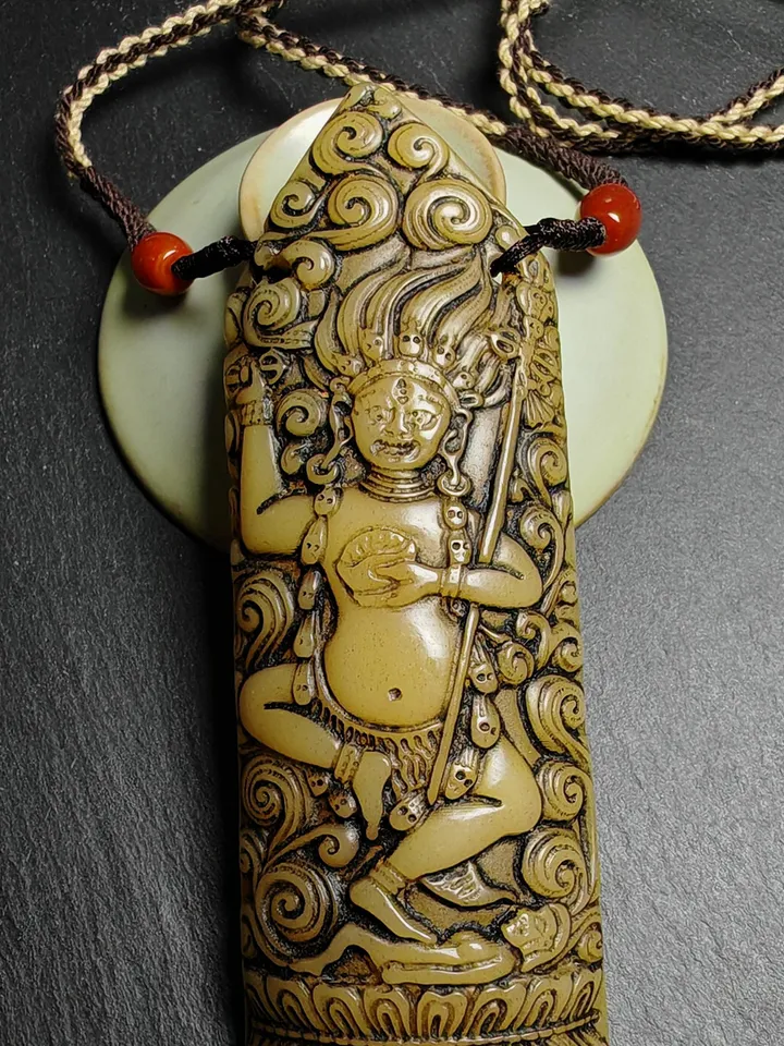Gandhanra Vintage Yak Bone Carved Troma Nagmo Amulet - Tibetan Buddhist Black Dakini Female Deity Pendant