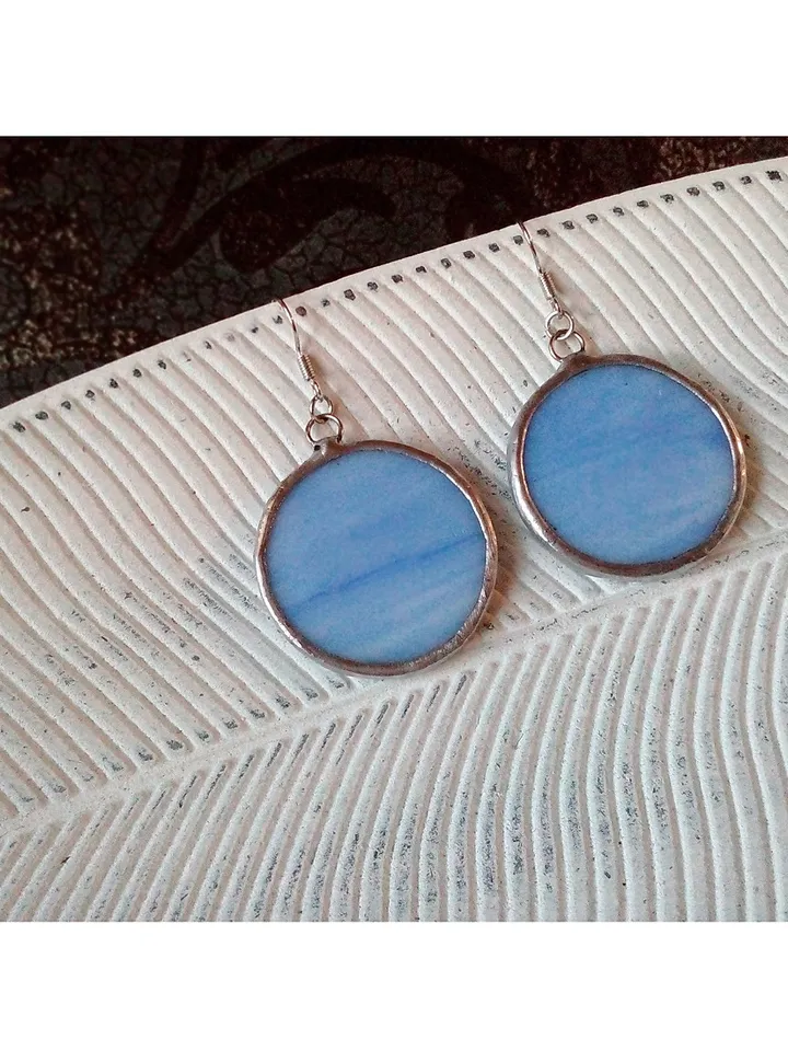 Stained glass blue earrings, stainglass cute earrings, Dangle earrings, Geometric earrings, Round stained glass
