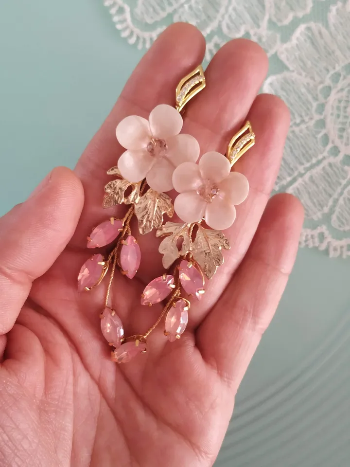 Opal Pink Blush Boho Wedding Earrings, Porcelain Pink Flower Gold Bridal Earrings, Boho Wedding Earrings, Chandelier Statement Earrings