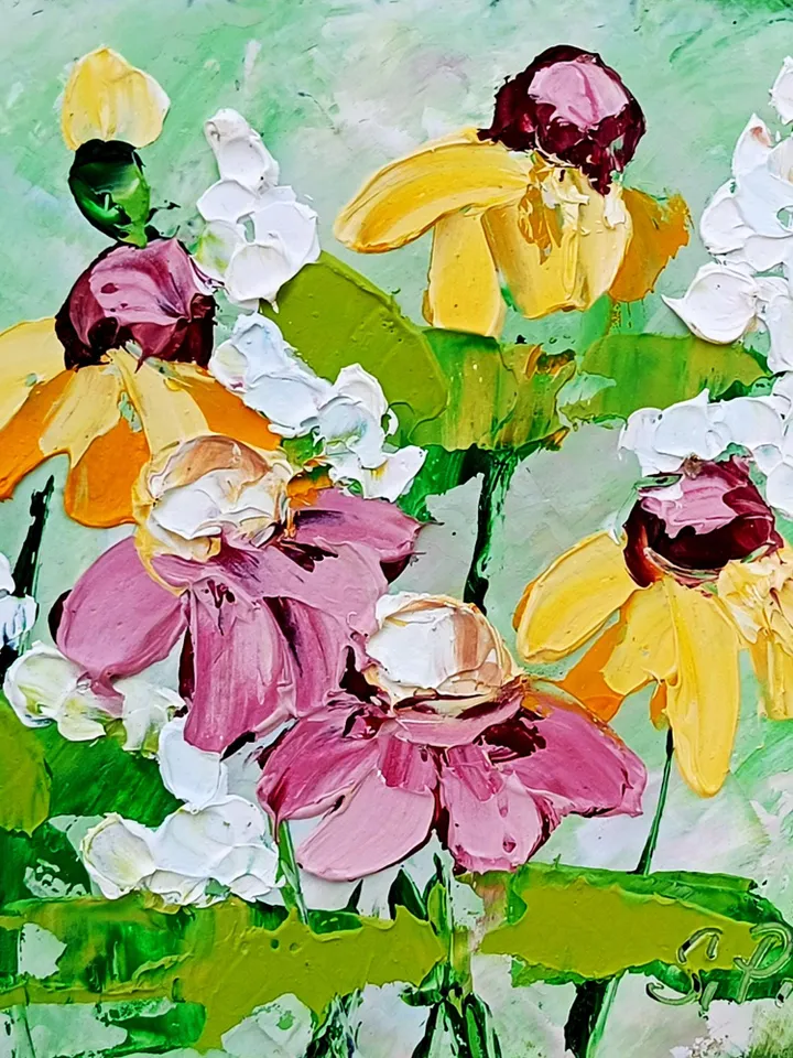 Rudbeckia painting Pink Daisies Impasto Original Painting Flowers OIl Artwork Meadow Wall Art Decor Gifts for Her by ArtProkopaloSv