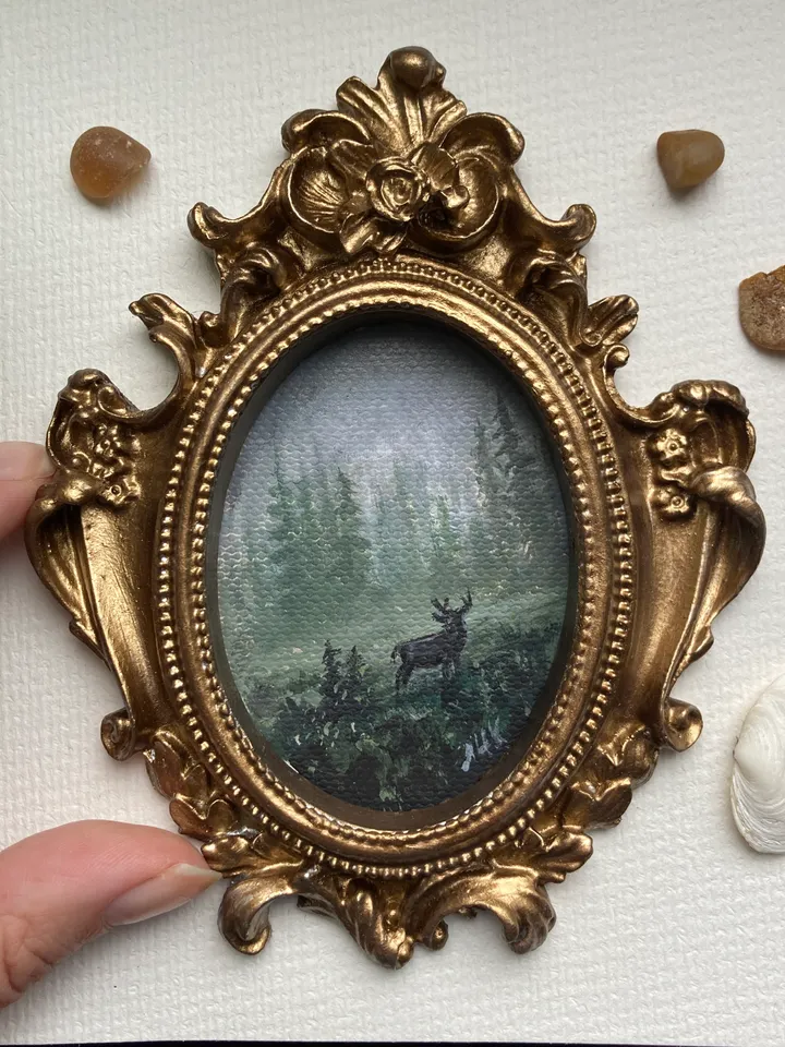 Forest Landscape Oil Painting Original In Vintage Style Frame Small Framed Oval Painting Art