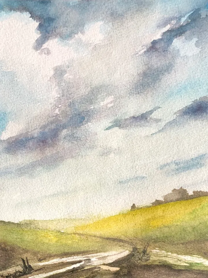 Clouds over the fields landscape original watercolour painting wall art hand painted