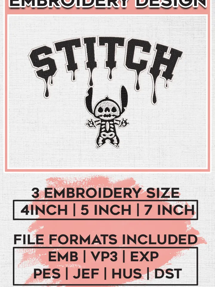 Stitch Skeleton Drop Name Embroidery designs, Disney Movie Machine embroidery designs, Halloween embroidery files, Trick Or Treat Machine Embroidery Digitized Pes Files, Digital Download