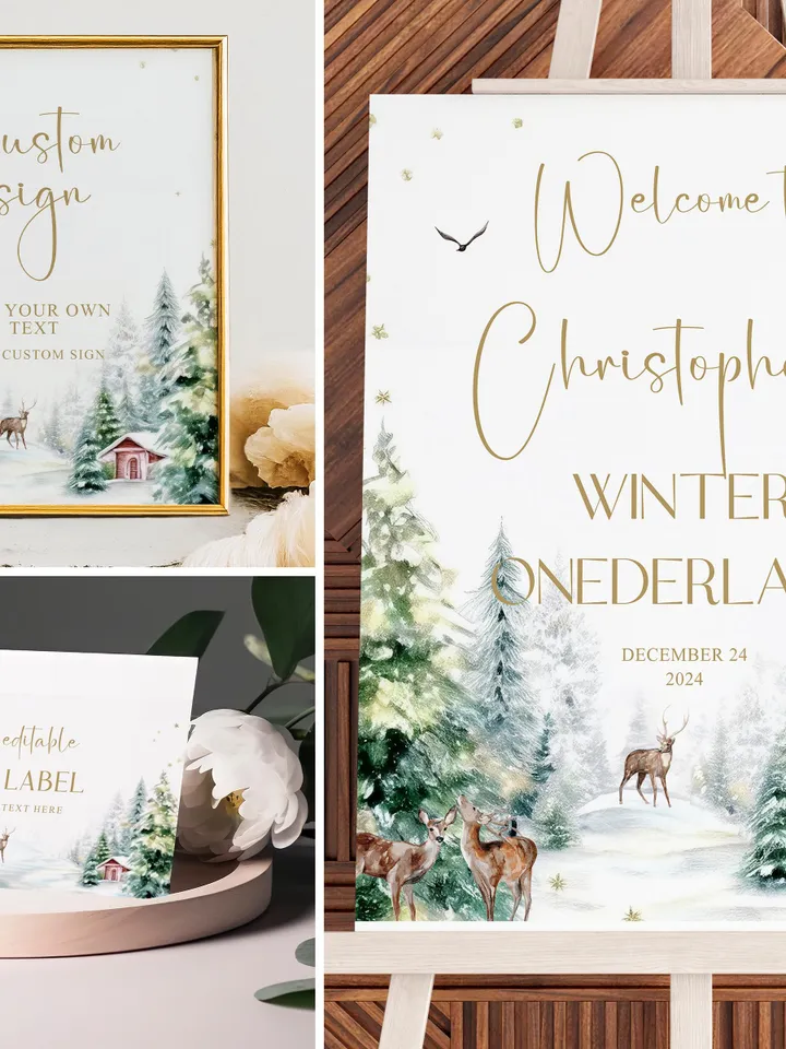 Editable Winter ONEderland Birthday Invitation Bundle, Winter Wonderland First Birthday , Deer, Winter Woodland, Adventure Theme Party i128