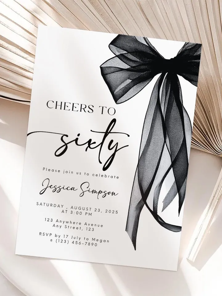Coquette Black Bow 60th Invitation, Editable Sixtieth Birthday Party Invite, DIY Digital Black Ribbon, Cheers to Sixty Invite