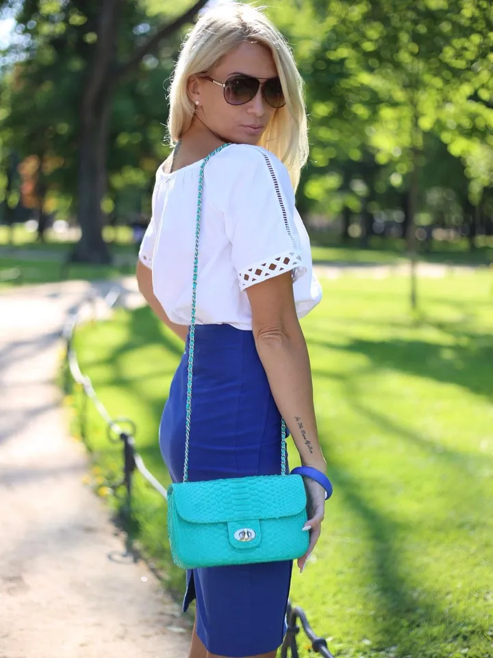 Genuine python skin MIDI bag tiffany color, leather turquise color bag, colorful classy chain bag, elegant crossbody bag leather handmade