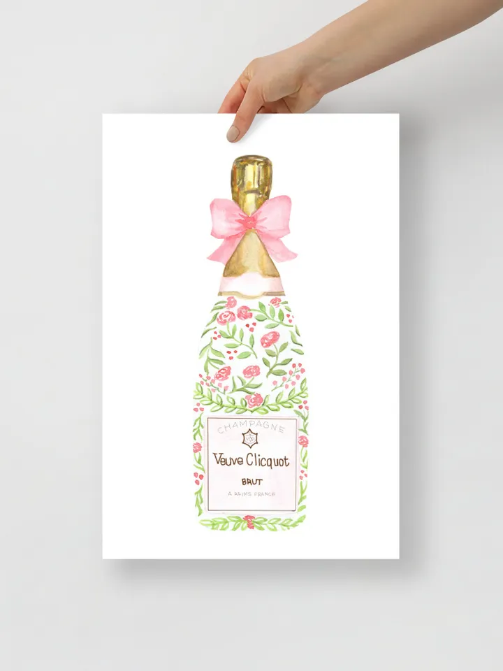 Champagne Bottle Chinoiserie Style Wall Art Print,Pink Watercolor Bar Cart Print, Cocktail Decor,Wine Wall Art,Preppy Bar Cart, Gift For Her