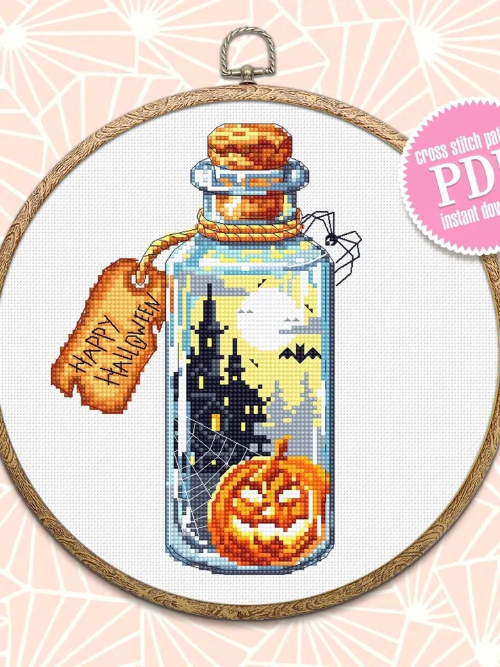 Halloween bottle cross stitch pattern download PDF Horror pumpkin xstitch chart Happy Halloween embroidery Spooky castle digital pdf #H29