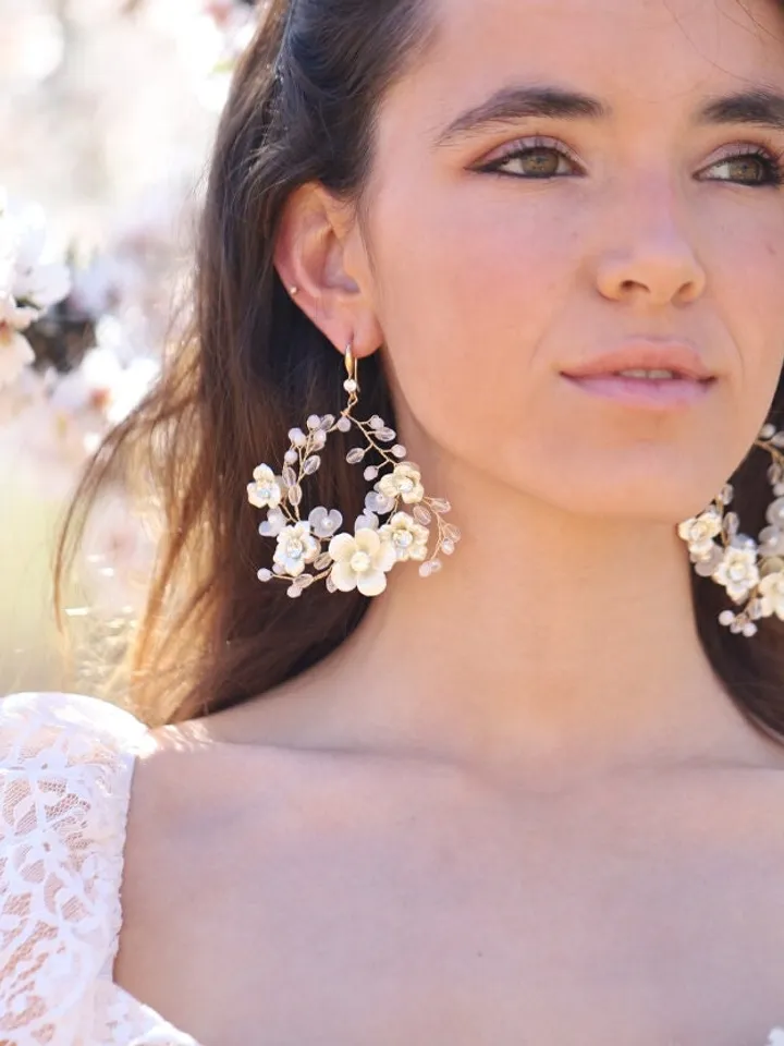 Porcelain Flowers Hoop Bridal Earrings, Champagne Gold Floral Wedding Jewelry, Statement Crystal Bridal Earrings, Statement Wedding Earrings