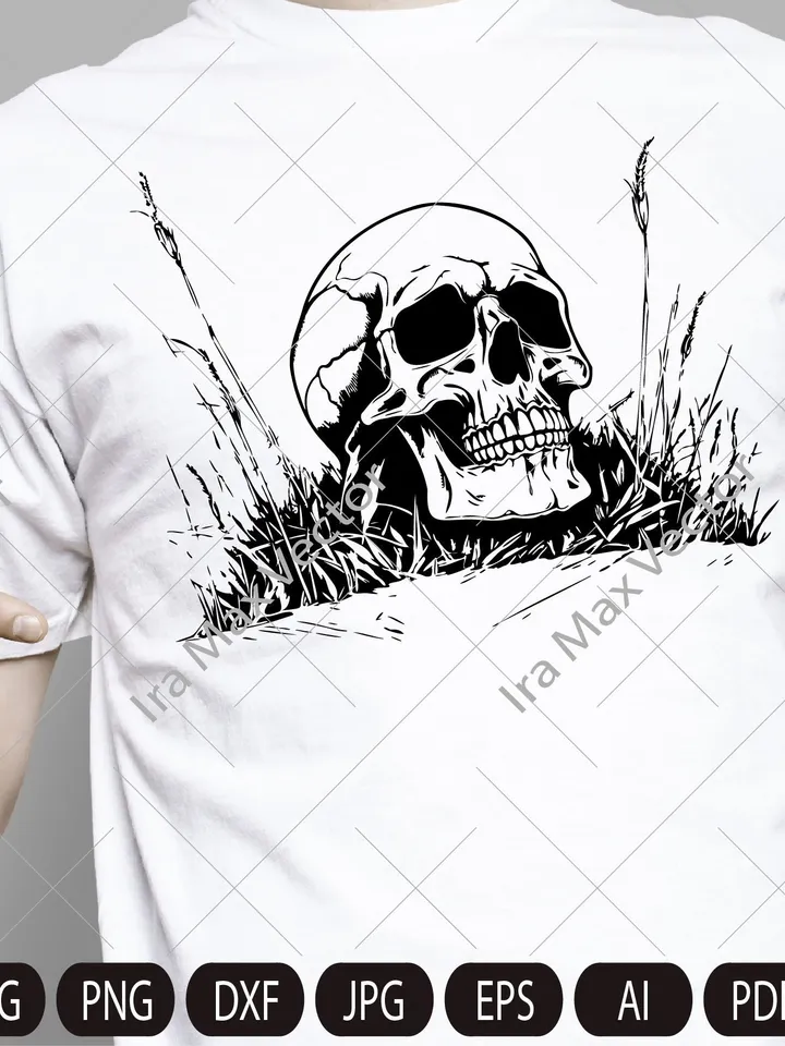 Skull svg file, Skull in the grass svg, Skull cut file, Skull in the field , Day of death , skull png , halloween, gothic, goth