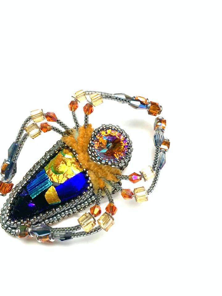 Orange spider brooch, Beaded insect brooch