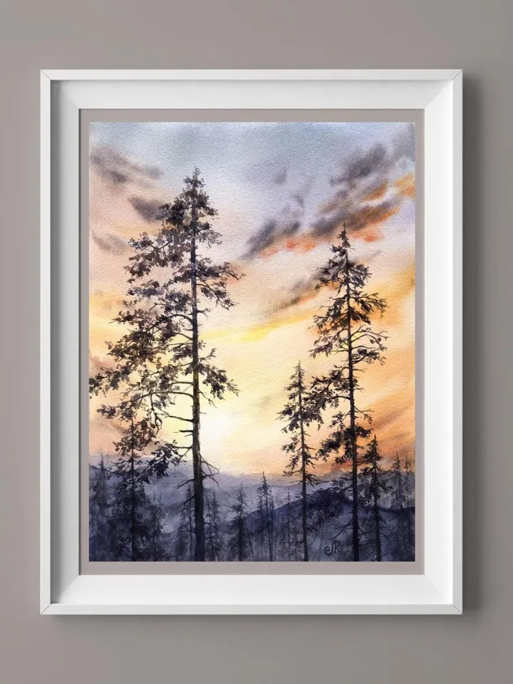 Sunset Original Painting Forest Watercolor Painting Trees Landscape Wall Art