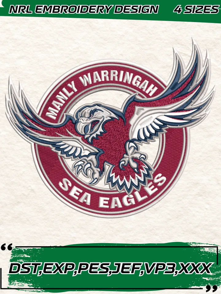Manly Warringah Sea Eagles Embroidery Design,NRL Machine Embroidery Digitized Pes File,4 Sizes, Instant Download
