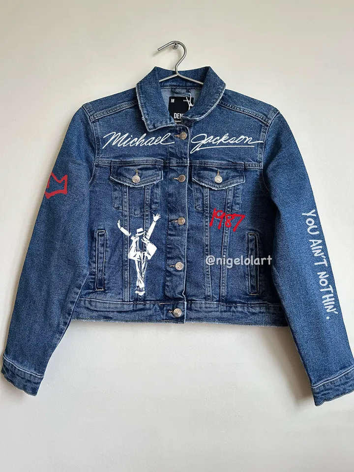 Painted denim jacket Who’s bad? Michael Jackson Custom gifts Blue denim jacket King of pop mj Dangerous Smooth Criminal