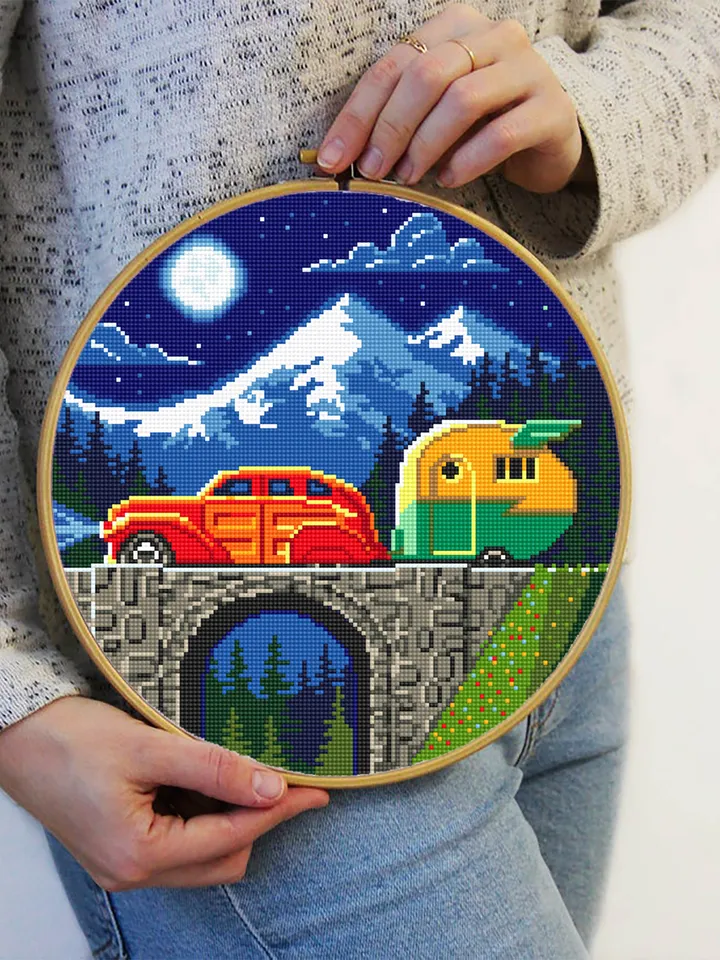 Travel cross stitch pattern download PDF Vintage travel trailer cross stitch chart Nature landscape embroidery PDF Adventure awaits #L12