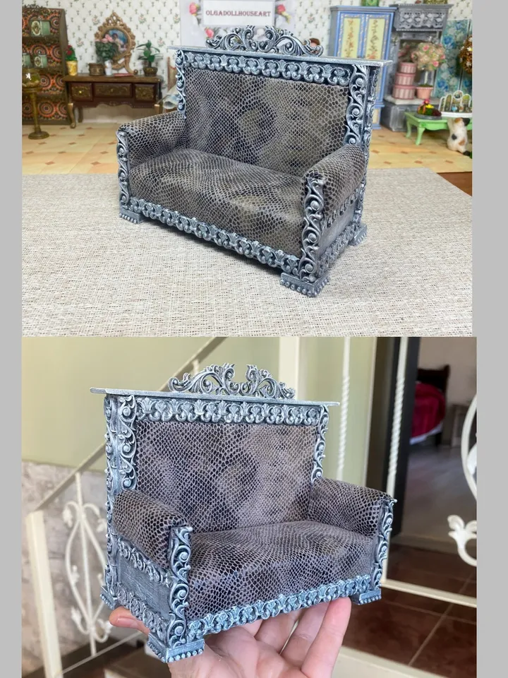 Rare vintage handmade sofa. dollhouse miniature. 1:12. Completely handmade.