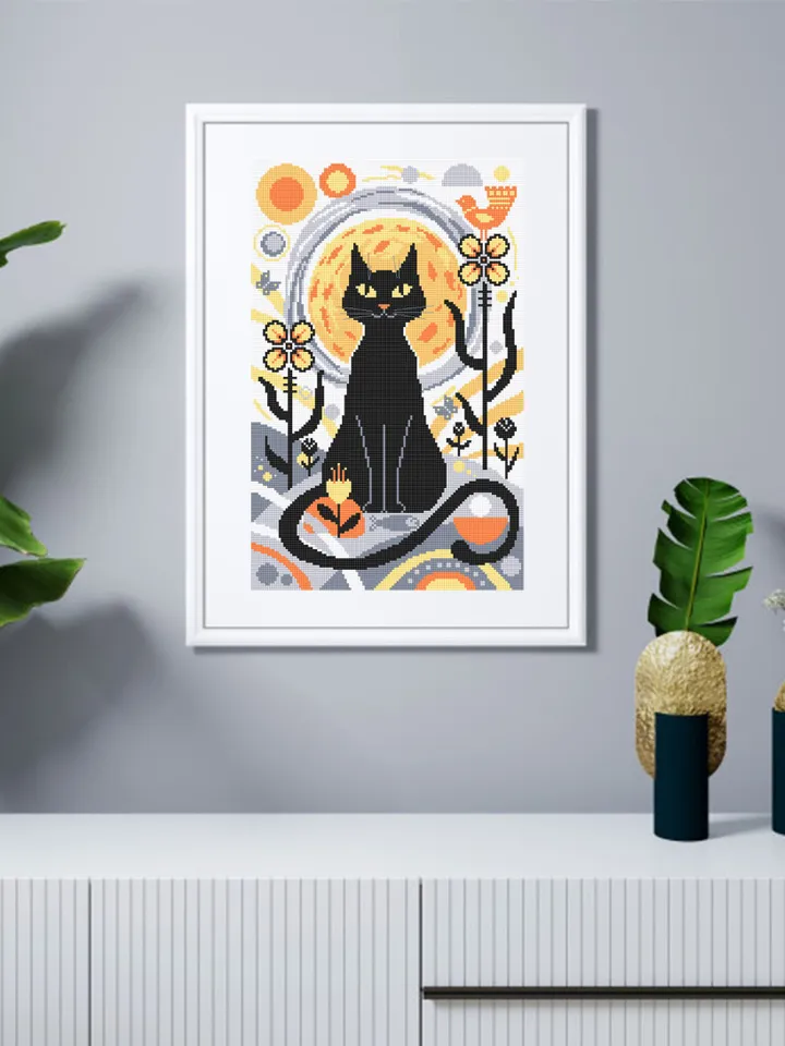 Boho cat cross stitch pattern PDF download Boho cross stitch chart, Abstract pattern digital PDF, Black cat embroidery, Boho wall decor #K23