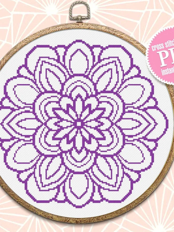 Mandala cross stitch pattern download PDF Flower mandala pattern digital PDF, Monochrome cross stitch sampler, Quick cross stitch chart #M47