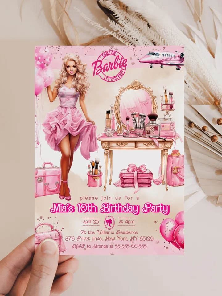 Doll Party Birthday Invitation; hot pink doll party birthday invitation editable template; cute doll girl birthday party bar12