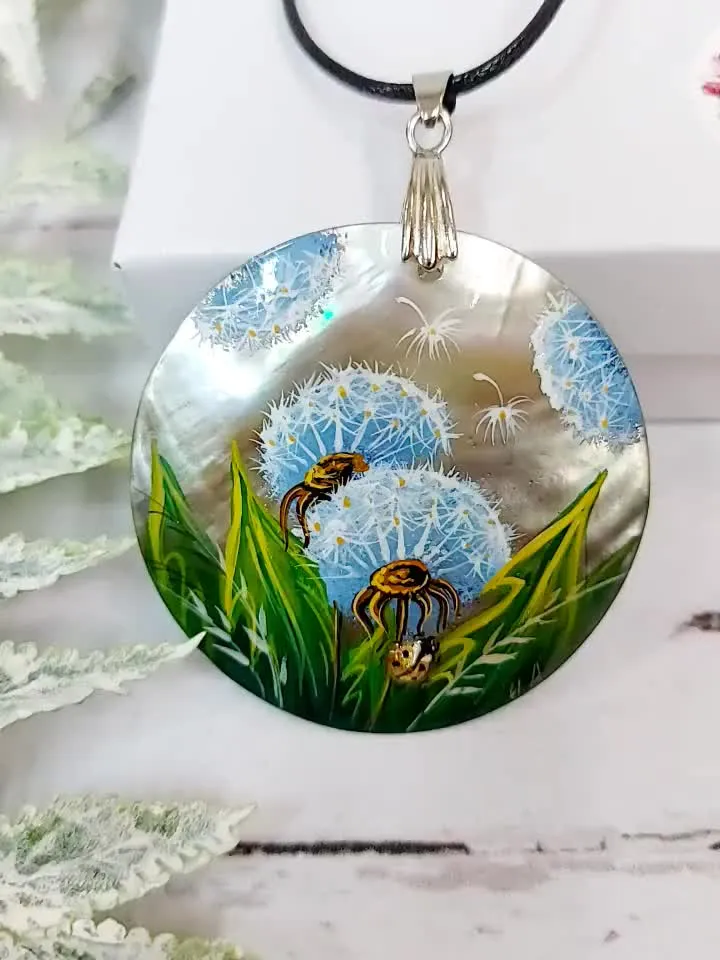 Whispering Dandelions: Hand-Painted Pearl Pendant in Green Grass - Nature's Delicate Charm, Symbol of Hope and Transformation