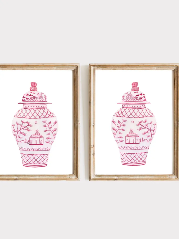 Pink Chinoiserie Set Of 2 Ginger Jar, Asian Vase Print, Dressing Room Art, Vintage Chinoiserie, Pagoda Decor Print, Chinoiserie Chic Art