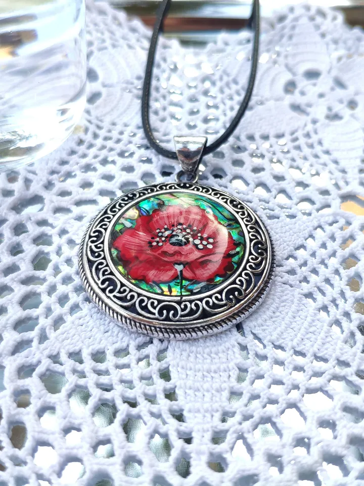 Pearl pendant necklace: Exquisite Red Poppy on Heliotis Pearl Pendant featuring an intricate openwork frame • Elegant red floral necklace