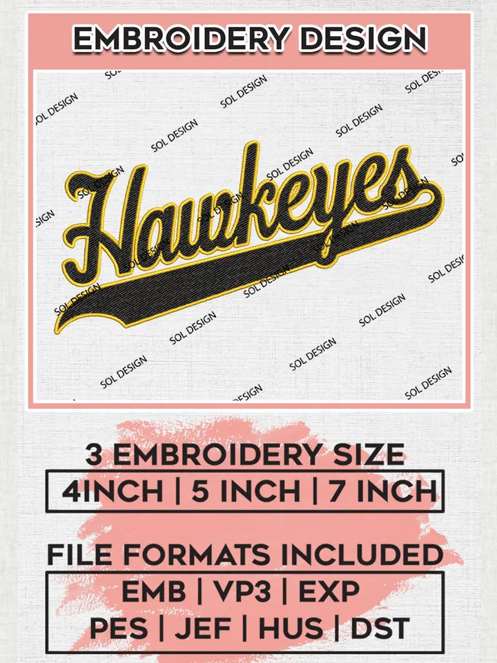 Hawkeyes NCAA Team Word Logo Embroidery Design Files, NCAA Iowa Hawkeyes Machine Embroidery, NCAA Teams, 3 sizes, NCAA Machine embroidery designs, Digital Download
